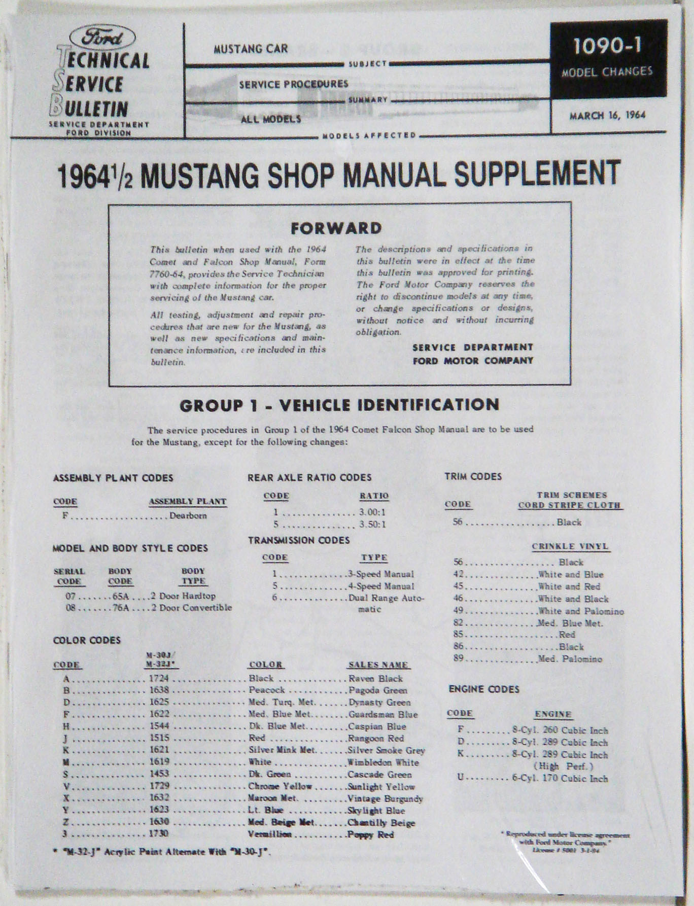 1964 1/2 Mustang supp. manual