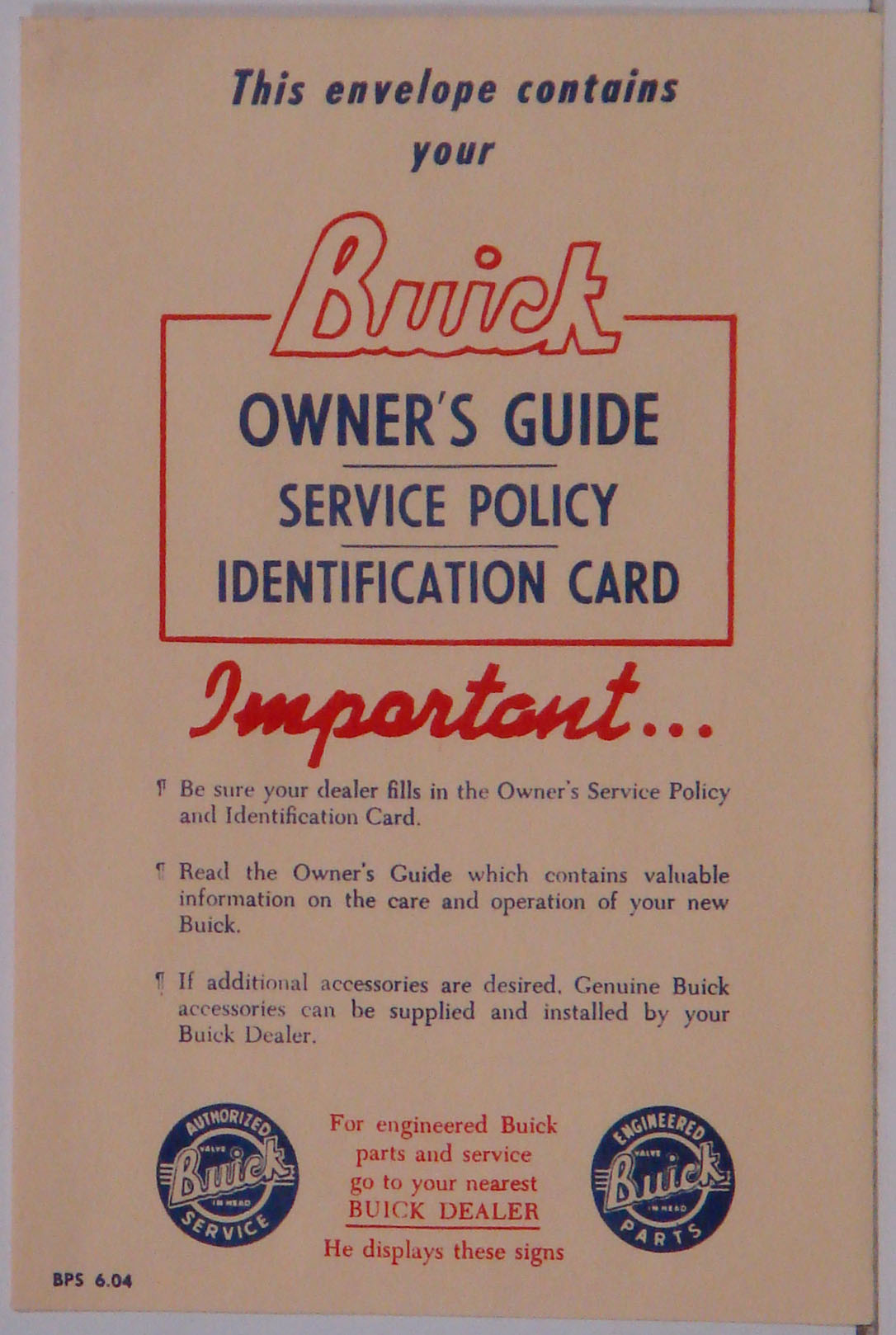 1937-49 Buick Owners Manual Envelope